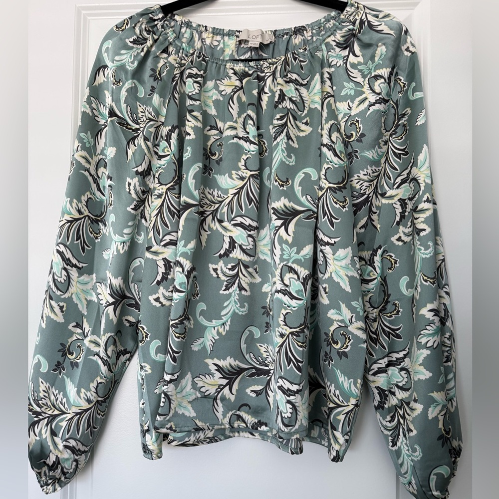 LOFT Dusty Sage Scroll-Print Long Sleeve Blouse
